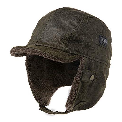 Fancet cappello da aviatore invernale unisex con paraorecchie, da caccia, da sci, neve, impermeabile, in finta pelle/cotone cerato, 88115b_verde oliva, s