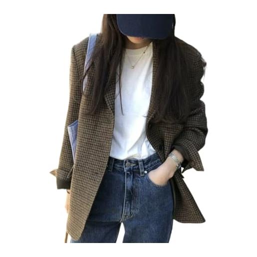 Vagbalena blazer corto casual monopetto a quadri alla moda da lavoro da lavoro da donna in tweed autunnale a maniche lunghe con bottoni stile business (marrone, s)