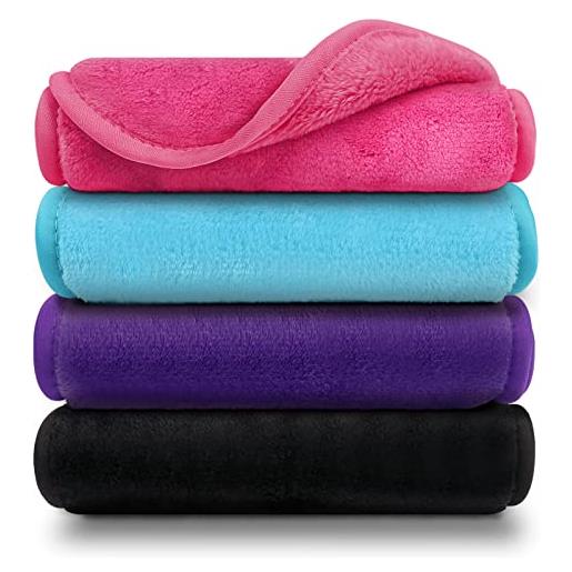 Orighty confezione da 4 panni struccanti riutilizzabili in microfibra per la pulizia del viso, rimuovono istantaneamente lo sporco, trucco e mascara impermeabile con solo acqua, 39,4 x 19,1 cm, 
