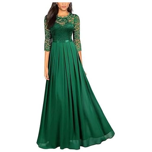 Foweknow abito da sera da donna, scollo rotondo, in pizzo, lungo, linea a, elegante, da ballo, da sposa, con maniche a 3/4, per feste hawaiani, casual, per il tempo libero, verde, s