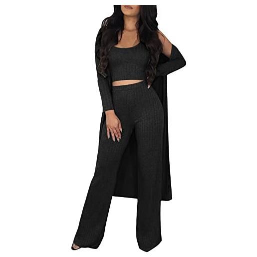 Generic completo da donna petite da donna, 3 pantaloni a gamba larga, casual, giacca a maniche lunghe cardigan con pantaloni a canotta tinta unita set pantaloni della tuta da donna top, nero , l