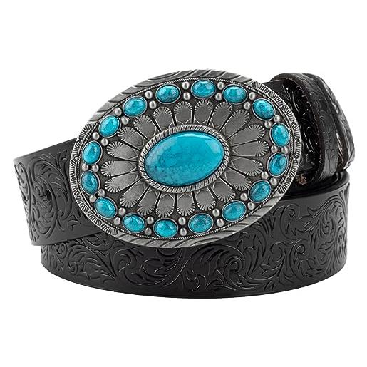 CRLed cintura da uomo in pelle, cinture western da cowboy for uomo, cintura da cowboy con fibbia turchese cintura in rilievo vintage, cintura con incisione floreale for uomo (color: black, size: 130cm/5
