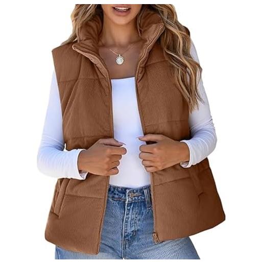 Saklifuo gilet da donna in velluto a coste con colletto alla coreana giacche senza maniche gilet trapuntato con cerniera 2024, marrone, xxl