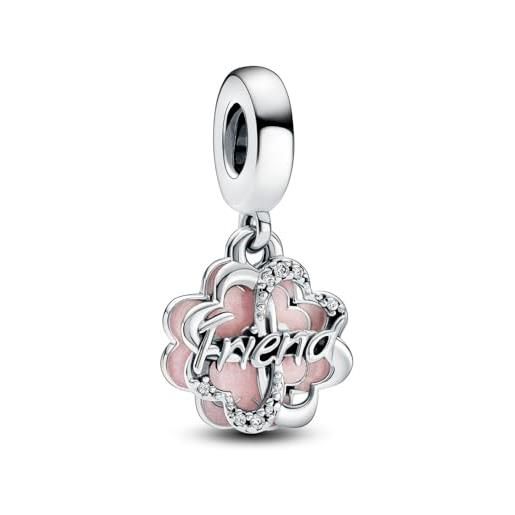 PANDORA pendente moments con scritta friend in argento sterling con zirconi cubici trasparenti e smalto rosa glitterato