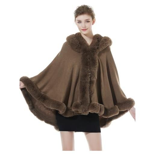 BEAUTELICATE poncho mantella di pelliccia sintetica con cappuccio donna stola scialle cardigan caldo lavorata a maglia con collo per invernale nozze matrimonio festa (khaki con collo, ttaglia unica)