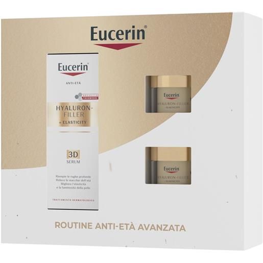Eucerin skincare kit routine anti-età avanzata, cofanetto regalo donna beauty antimacchie con hyaluron-filler+elasticity siero viso 3d serum, mini crema giorno spf30 e notte 1 pz set