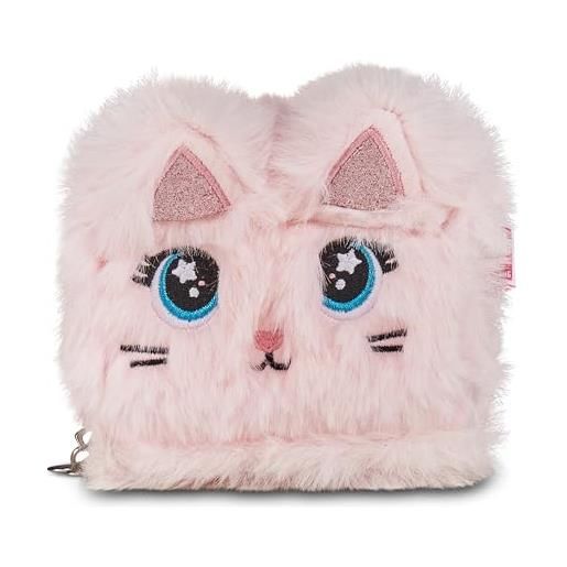 SJ GANG STYLE JAM GANG portafoglio gattino per bambine in pelliccetta rosa, con tracolla regolabile, dettagli scintillanti e cursori personalizzati