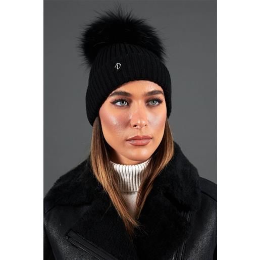 D'Arienzo cappello in lana nera con pompon in pelliccia nera D'Arienzo