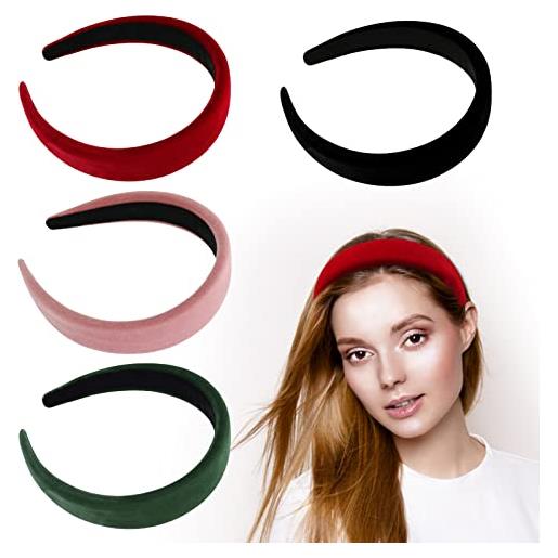 Bekecidi 4 pcs fasce per capelli in velluto fashion style soft wide hair hoop fascia per capelli accessori per capelli all'aperto per donne, ragazze (rosso vino+rosa+verde scuro+nero)
