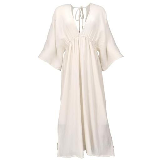 GURU SHOP abito estivo traspirante a maniche lunghe in cotone con scollo profondo, maxi abito caftano, da donna, nero, cotone, taglia: 42, bianco crema, 48