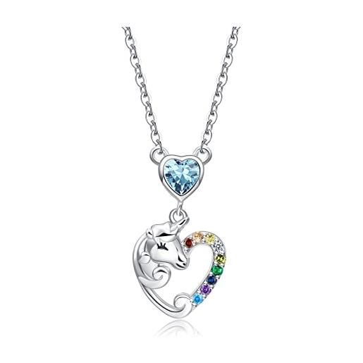 Qings collana cuore per ragazze, collane unicorno per bambina in argento sterling 925 ciondolo a heart pietra portafortuna regali gioielli compleanno festa figlia nipote bambini bimba