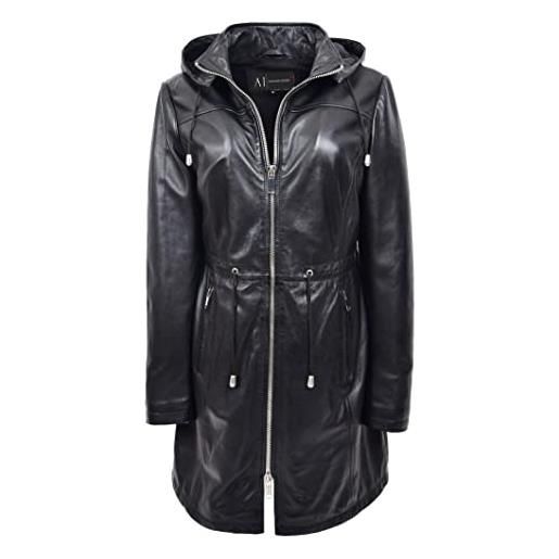 A1 FASHION GOODS giacca lunga 3/4 da donna in vera pelle nera con cappuccio staccabile, nero , 48