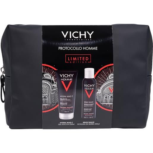 Vichy protocollo homme pochette con hydra mag c gel doccia 200ml + sensi shave schiuma da barba 200ml