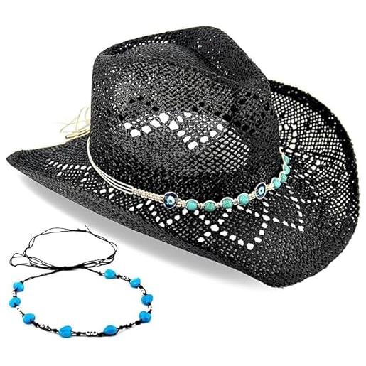 Niltracy cappello da cowgirl occidentale da donna cappello da cowboy da uomo cappello da cowboy in paglia cappello da sole cappello da sole cappello western unique due fasce decorative, pietra oculare