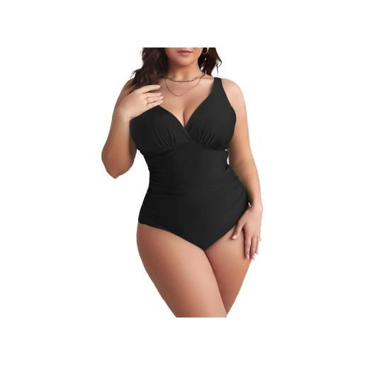 Mediawave Store costume da bagno intero da donna tinta unita plus size scollo a v contenitivo nero 56