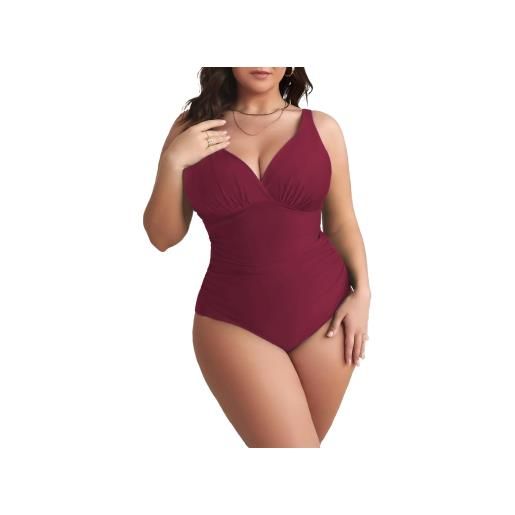 Mediawave Store 2pz costume da bagno intero donna tinta unita plus size scollo a v contenitivo bordeaux 48