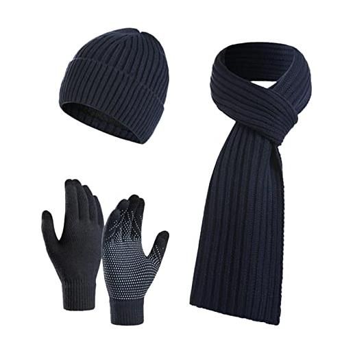 PAIDAXING cappello invernale da donna, lavorato a maglia, caldo, sciarpa lunga, guanti touch screen, set da 3 pezzi, cappucci con teschio, sciarpe per donne e uomini, marina militare, taglia unica