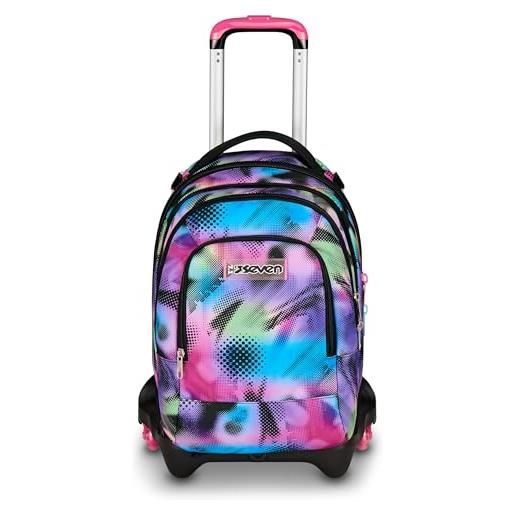 Seven trolley scuola jack 3 ruote detach write down, fucsia azzurro, zaino con carrello sganciabile da 37 litri, tasca borraccia, zainetto staccabile, multiuso e spazioso, per scuola elementare e