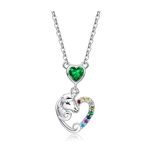 Qings collane unicorno per bambina regalo per la festa della mamma figlia, collana per ragazze argento collana con ciondolo a love cuore smeraldi pietra portafortuna regali gioielli