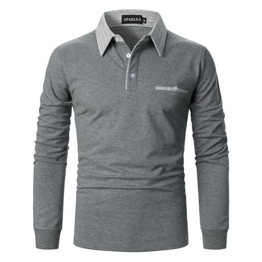 APAELEA polo uomo manica lunga polo collare strisce cotone golf tennis t-shirt top, grigio, l