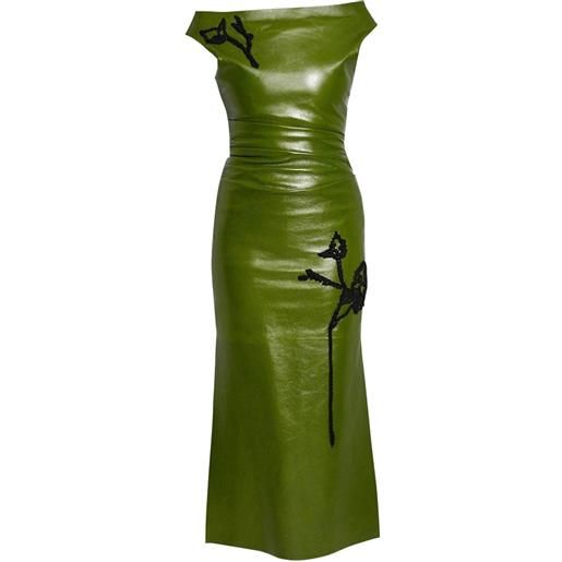ERDEM embroidered off-shoulder leather midi dress - verde