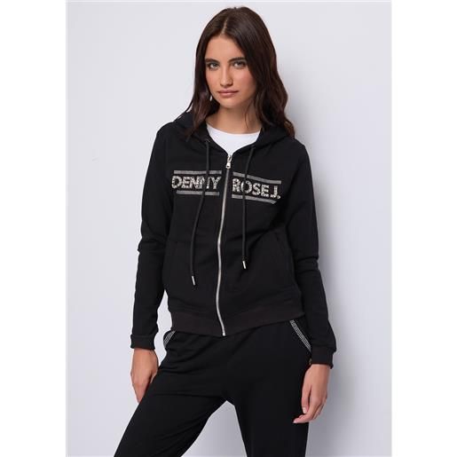 Denny Rose felpa nera in cotone con logo e zip