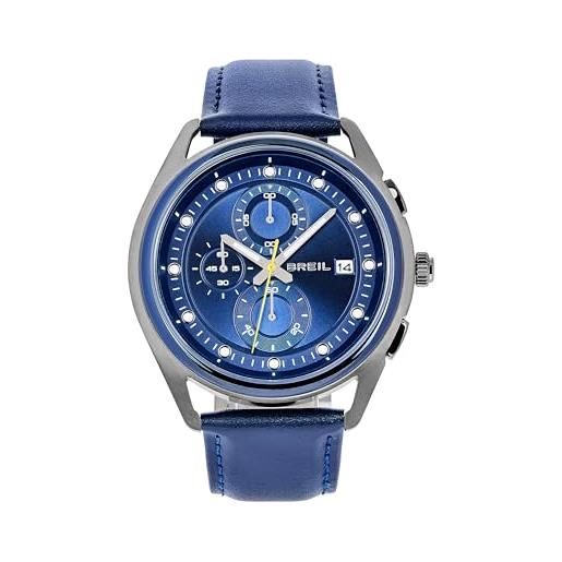 Breil, collezione cachet, cronografo uomo, orologio in acciaio, quadrante effetto sunray, lunetta in acciaio ip blu, cinturino in pelle blu, chiusura a fibbia, wr 5 atm, cassa 44 mm, idea regalo uomo