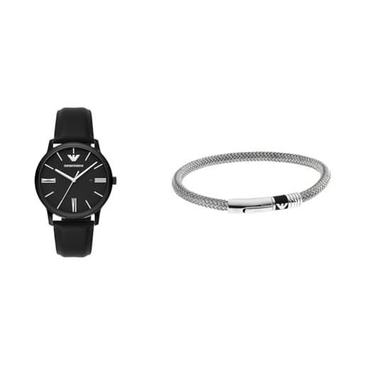 Emporio Armani orologio da uomo in pelle nera e bracciale in acciaio inossidabile color argento, set