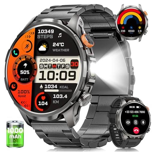 DEKELIFE 2025 smartwatch uomo con torcia led/1000mah/5atm, 1.91 amoled militare orologio smart watch con chiamate/113 modalità sportive, 24/7 fitness tracker sonno/cardiofrequenzimetro/spo2 android ios nero