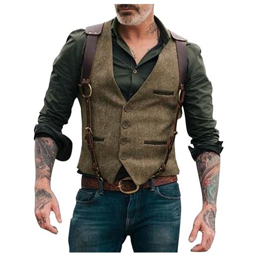Generic gilet da uomo vintage | gilet in misto lana a spina di pesce in tweed con rivestimento in pelle gilet da uomo in stile western da cowboy a vestibilità slim gilet autunnali e invernali casual gilet