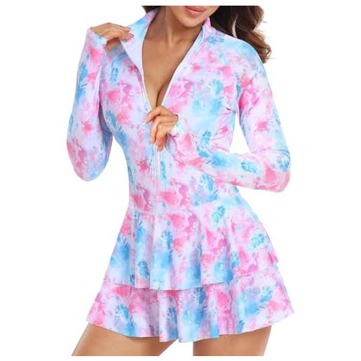 SimidunEUR donna - costume da bagno intero costume intero costumi da mare beachwear rashguard - zip anteriore maniche lunghe mush cut con pantaloncini incorporati e gonna, pink rosso, 3xl