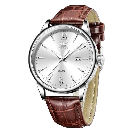 OLEVS bianco orologio uomo cinturino pelle impermeabile casual luminoso wrist watches for men con data analogico quarzo marrone orologi da polso uomo minimalista quadrante grande facile da leggere