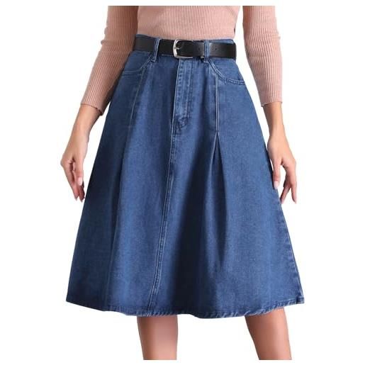 Allegra K donna longuette classica in denim a pieghe a vita alta con tasche a trapezio con cintura blu l