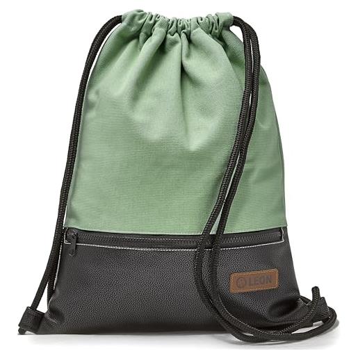 By Bers leon sacca da palestra, grande tasca esterna con cerniera, tasche interne, zaino da donna e da uomo, in pelle vegana, menta_nero_pu, 45x35x2cm, sacca da palestra