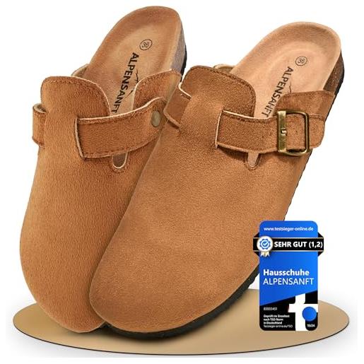Alpensanft zoccoli da uomo e donna, in pelle scamosciata, marrone, suola in sughero, unisex (36-45), suola imbottita in vera pelle, camoscio marrone, 42 eu