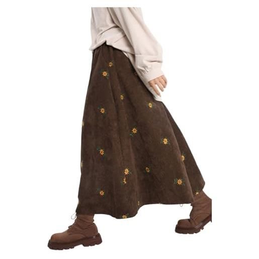 DSFDFDG gonne in velluto a coste marrone vintage for donna, gonna a trapezio con fiori ricamati autunnali, abito lungo dimagrante(s)