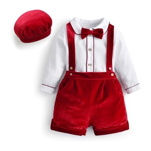 Yihuimin completo da battesimo per bimbo maschietto velluto costumi da gentiluomo abito da battesimo pantaloncini con bretelle natale compleanno cerimonia rosso 9-12 mesi