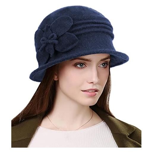 Sumolux berretto da donna cappello francese vintage floreale in lana cloche classico cappello invernale anni '20, d blu navy, l