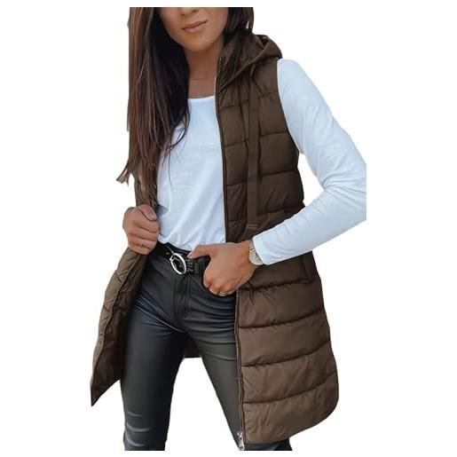 LIUYUYOUGO smanicato donna gilet lungo con cappuccio da donna gilets trapuntati leggeri con cerniera caldo senza maniche piumino invernale imbottito cappotto con tasche capospalla di media lung