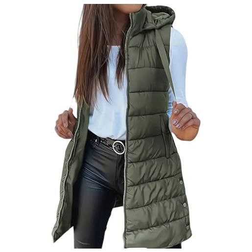 Gilet Trapuntato Leggero Donna Con Cappuccio – Lungo, Senza Maniche, Per Sport Outdoor, Blu, XXL