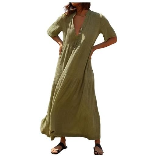 R.Vivimos vestito estivo a maniche corte con scollo a v delle donne vestito lungo da spiaggia casual maxi abito(l, army. Green)