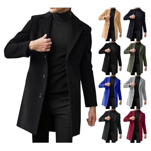 OBiQuzz cappotto invernale da uomo, elegante e caldo, in lana con colletto a risvolto, slim fit, giacca da lavoro da uomo, caldo cappotto per le mezze stagioni, per il tempo libero, lunghezza media, 