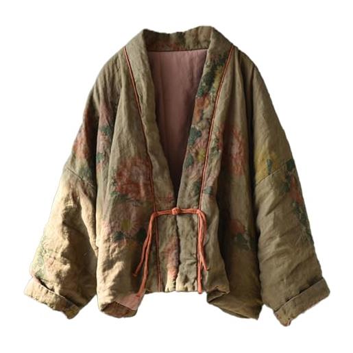 LUZU JUNU giacca trapuntata corta da donna con stampa floreale, aperta sul davanti, scollo a v, collo a scialle, spalle cadenti, abbigliamento, verde vintage. , taglia unica