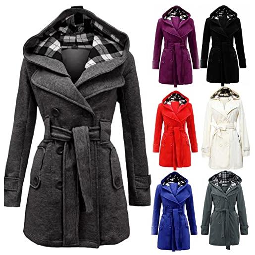 IQYU trench - cappotto invernale da donna, nero, corto, lungo, in lana, con cintura, con cappuccio, in lana, taglie forti, per le mezze stagioni, invernale, elegante giacca a vento, lilla, xxl