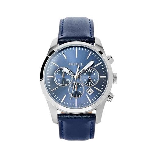 Breil, collezione coupé, orologio uomo, cronografo in acciaio lucido, quadrante blu metallizzato sunray, indici argentati, bracciale in vera pelle blu, chiusura a fibbia, cassa 42 mm