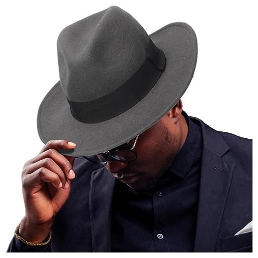Ruphedy fedora cappelli per uomo donna lana tesa larga feltro panama fedora hat, grigio, xl
