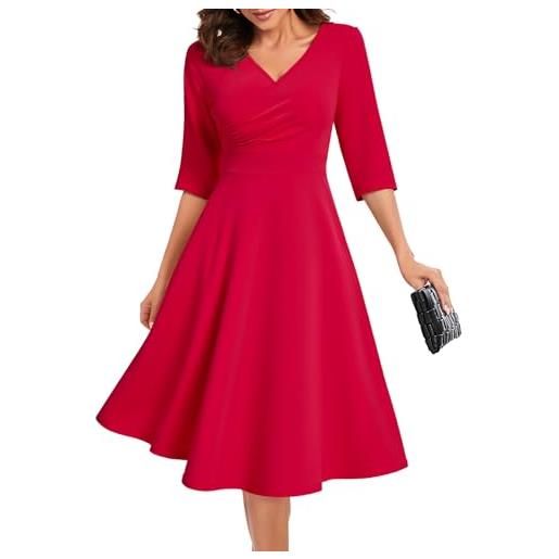 Bbonlinedress abiti formali da donna, scollo a v, a maniche lunghe, vintage, da tè, abito midi, rosso, m