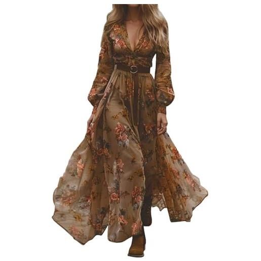 Generisch abito estivo da donna, lungo, bohémien, a maniche lunghe, con stampa floreale, linea ad a, per il tempo libero, con scollo a v, stile vintage, rustico, da spiaggia, western country, marrone, s