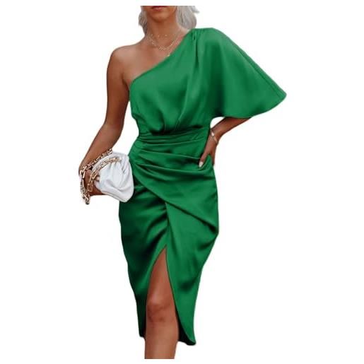 FANJABA abito lungo da donna, monospalla con maniche a pipistrello, increspato, aderente, asimmetrico, avvolgente sul davanti, abiti da cocktail, verde scuro, bust: 99cm(38.97inch)