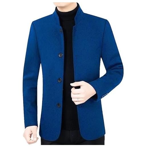 HUIANGLIYG blazer da uomo a spina di pesce, giacca da abito in tweed vintage, misto lana, collo alla coreana, monopetto, cappotto di lana, casual, business, antivento, blu reale, taglia l